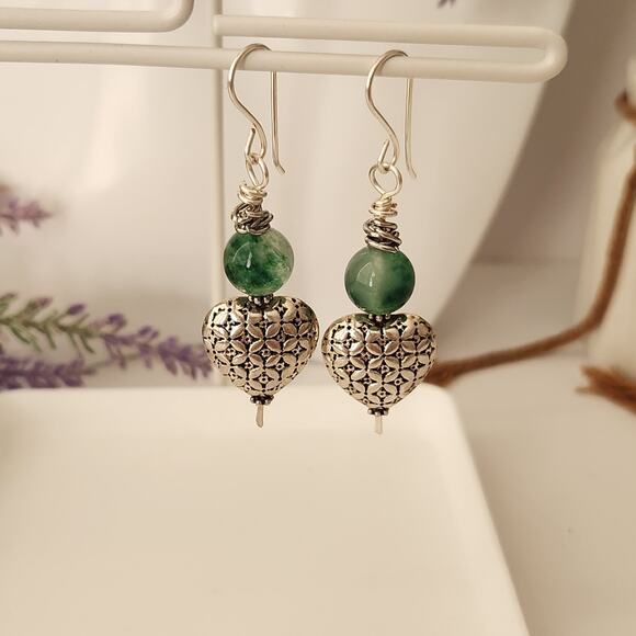 Natural Jade Stone Silver Heart Dangle Earrings - Picture 8 of 8